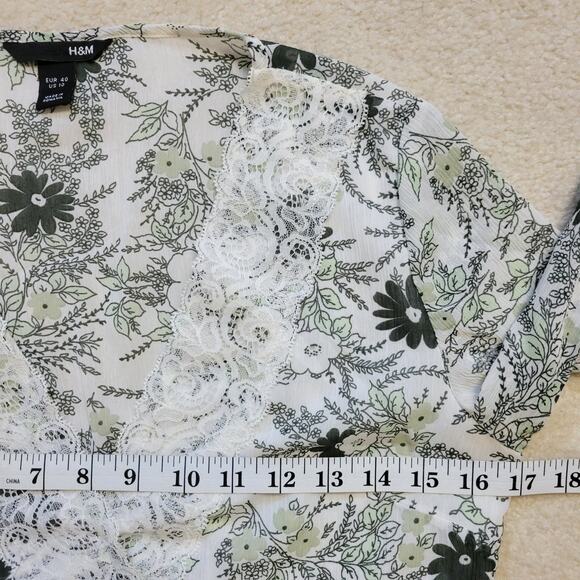 H&M 10 Babydoll Pullover 3/4 Sleeve Lace V-Neck Chiffon Blouse Top Black White - Picture 8 of 16